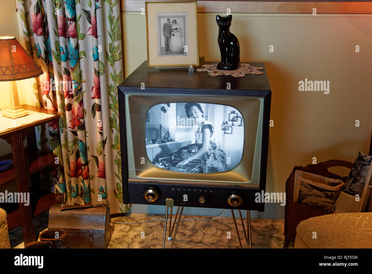 Vintage 1950`s black and white Motorola television set and living room in the 50's Gallery at the  Museum of Vancouver,  British Columbia, Canada Stock Photo